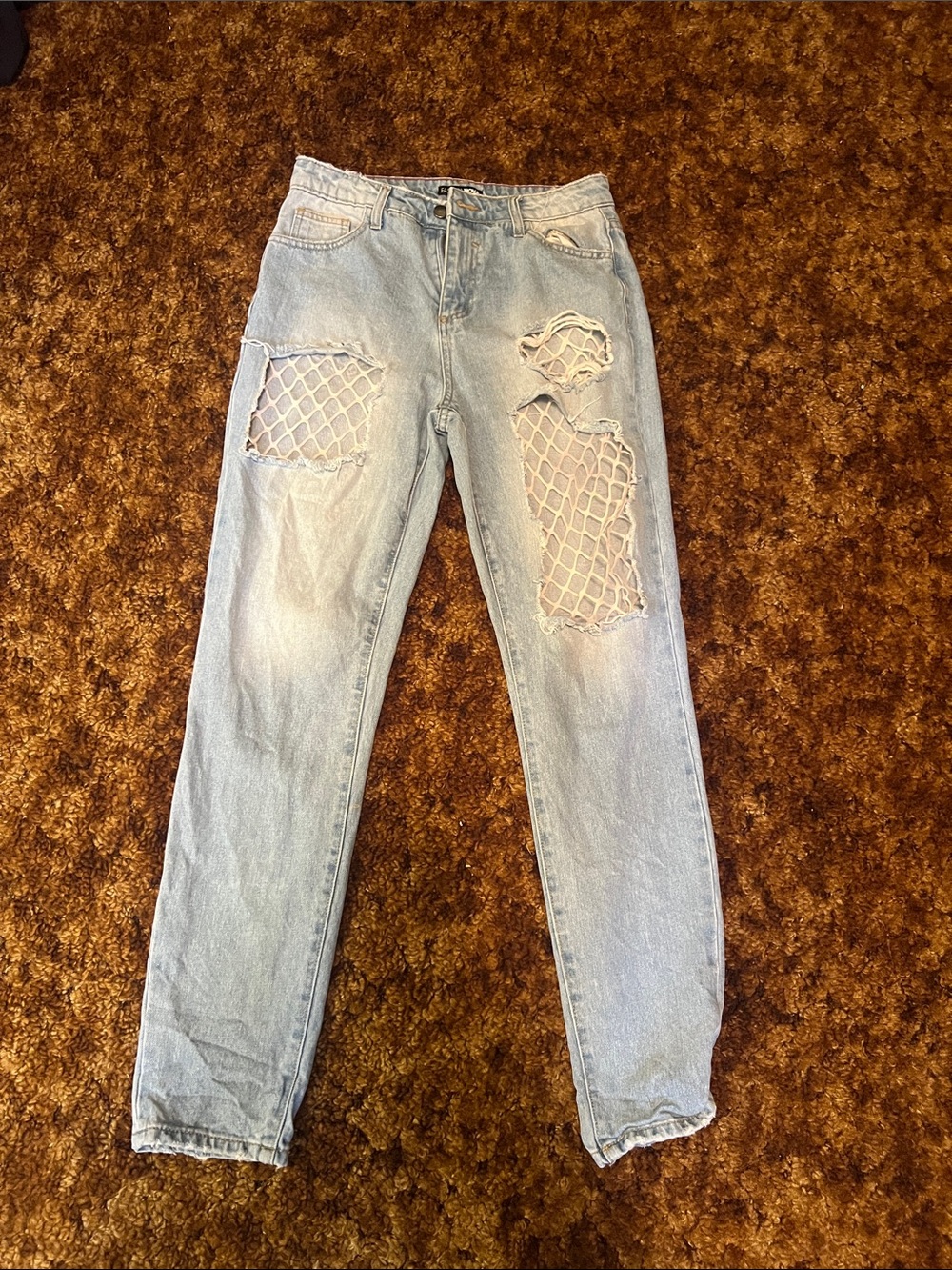 Fashion Nova Light Blue Distressed Straight Leg Jeans with Fishnet Insets